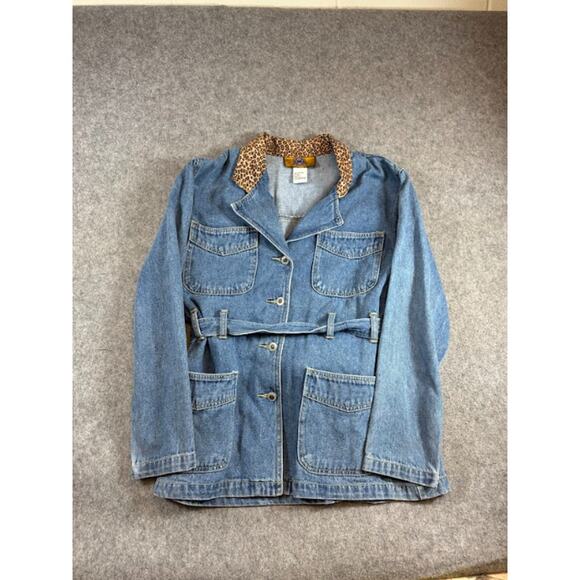 VTG Baccini Denim Jacket Womens Medium Leopard Collar Belted Chore Barn 90s Y2K - Picture 3 of 7